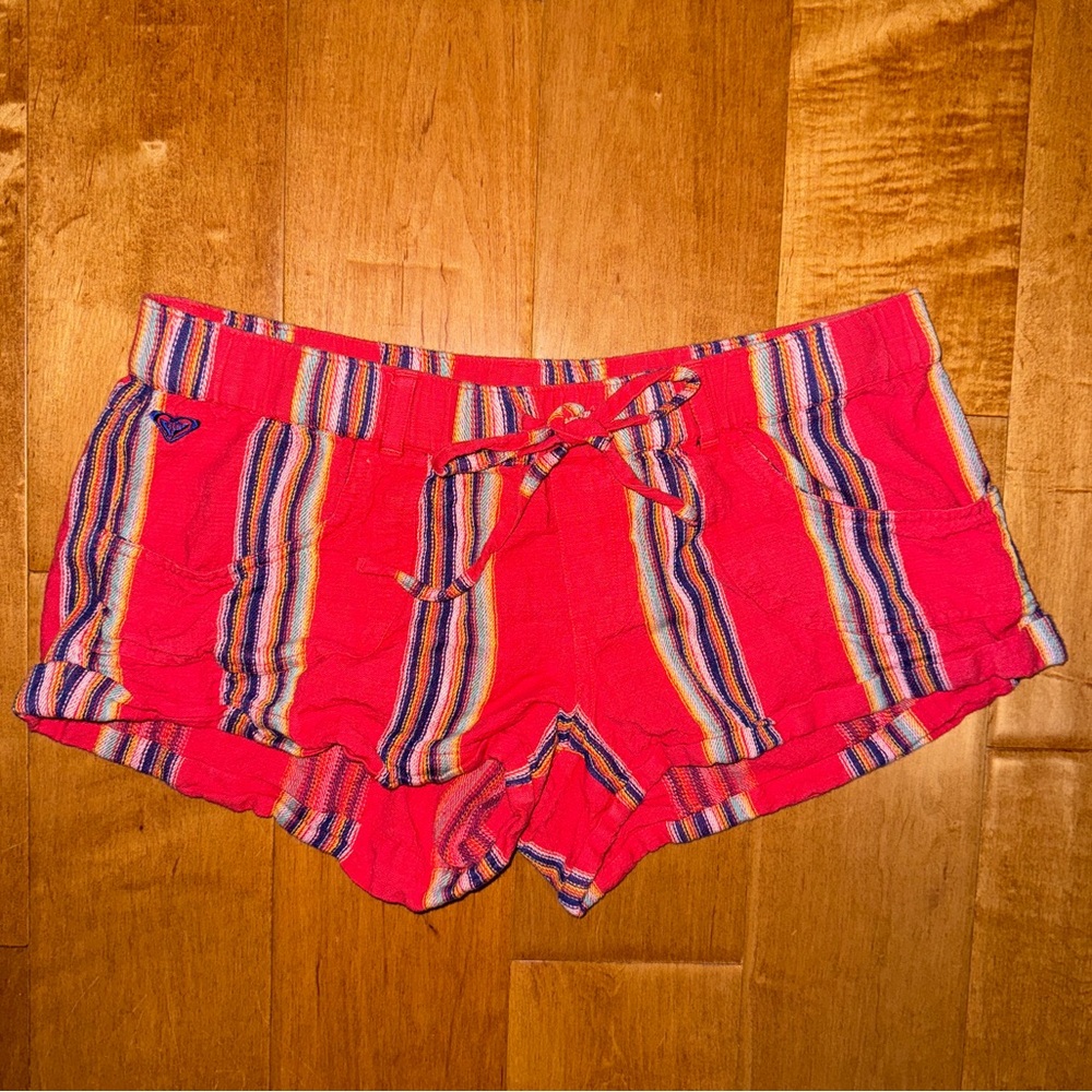 Roxy Red Mini Micro Shorts 100% Cotton with Colorful Embroidered Stripes